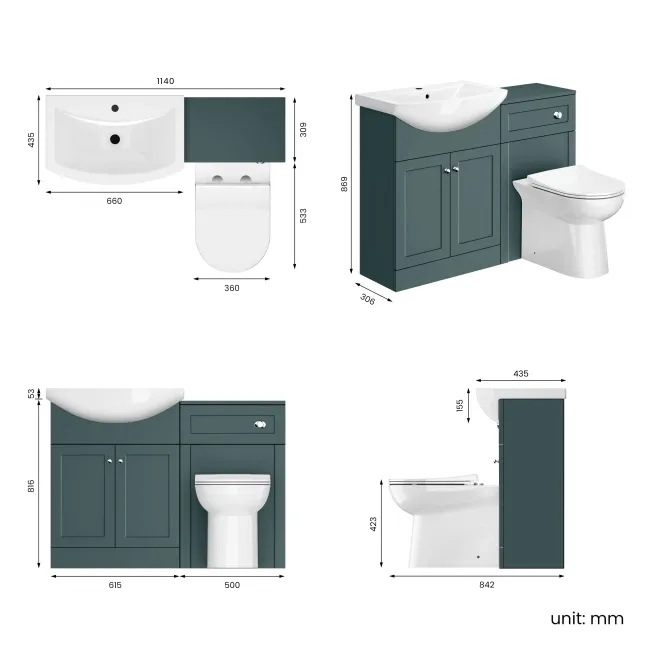 Capri Mystic Green Combination Vanity Basin and Aruba Toilet 1150mm - Chrome Handles