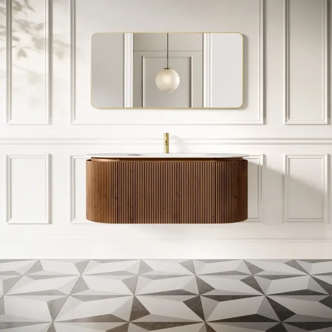 Positano Natural Walnut Curved Wall Hung Basin Drawer Vanity 1200mm