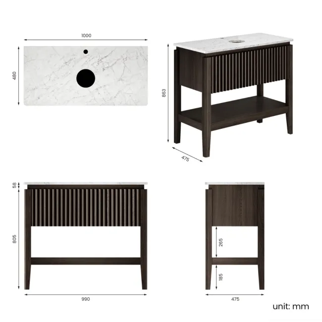 Maru Black Oak Wood Grain Vanity Cabinet 1000mm with Carrara Marble Top - Basin Not Included