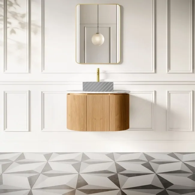 Positano Natural Oak Curved Wall Hung Vanity Drawer with Carrara Marble Top 800mm - Basin Not Included