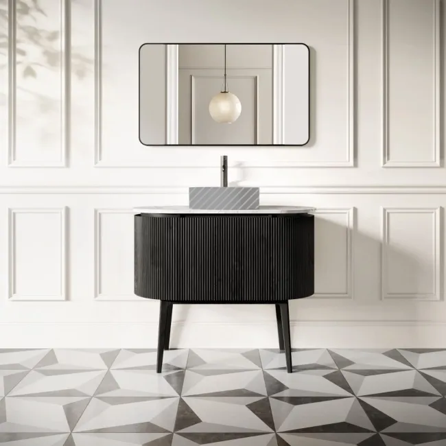 Positano Black Oak Curved Vanity Unit with Carrara Marble Top 1000mm - Basin Not Included