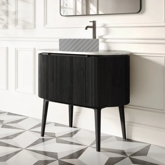 Positano Black Oak Curved Vanity Unit with Carrara Marble Top 1000mm - Basin Not Included