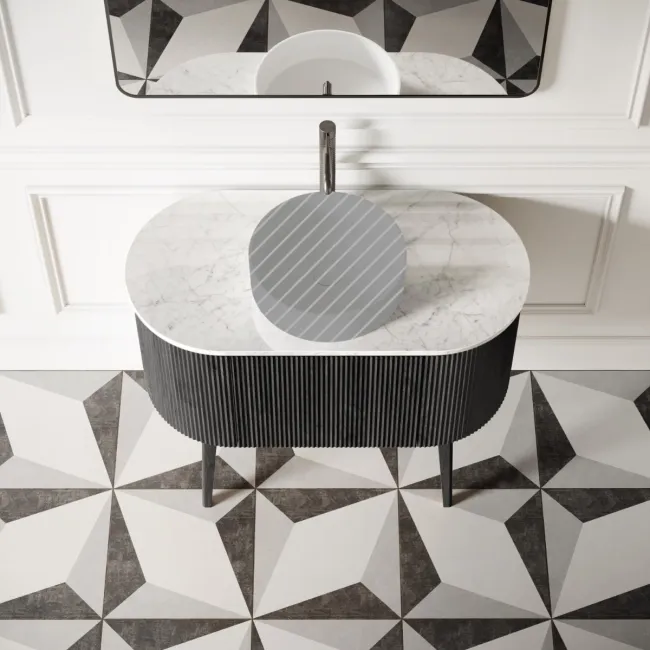 Positano Black Oak Curved Vanity Unit with Carrara Marble Top 1000mm - Basin Not Included