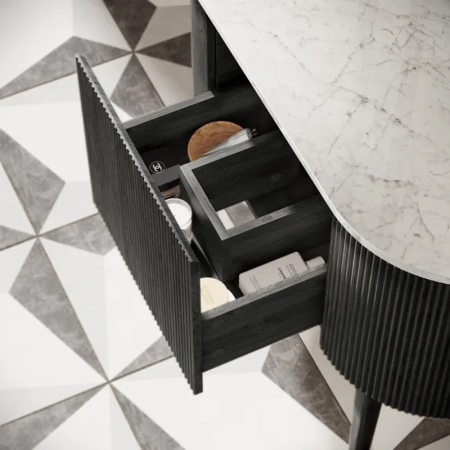 Positano Black Oak Curved Vanity Unit with Carrara Marble Top 1000mm - Basin Not Included