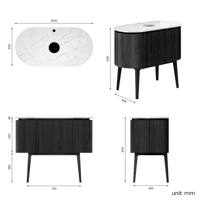 Positano Black Oak Curved Vanity Unit with Carrara Marble Top 1000mm - Basin Not Included