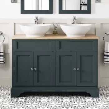 Lucia Inky Blue Double Vanity with Oak Effect Top & Oval Counter Top Basin 1200mm