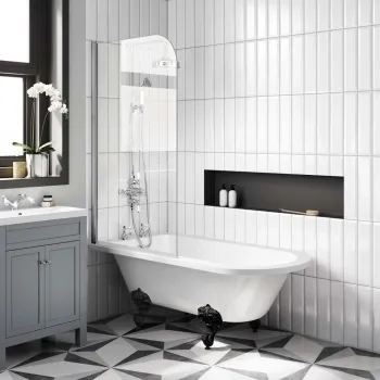 Abingdon 1500 Roll Top Shower Bath - Black Ball Feet & 6mm Easy Clean Screen