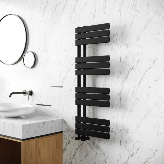 Seville Matt Black Designer Flat Panel Heated Towel Rail 1200x450mm