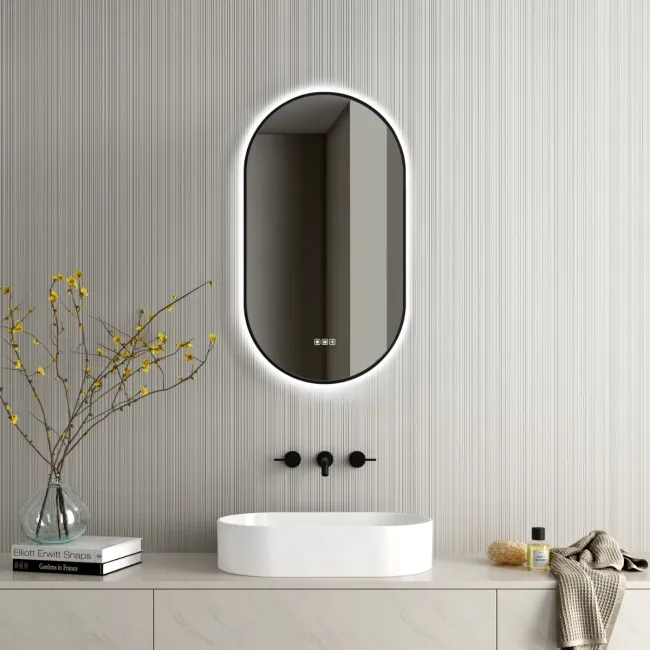 Ada Pill Black Framed Backlit Illuminated LED Mirror With BLUETOOTH Speaker 900x500mm