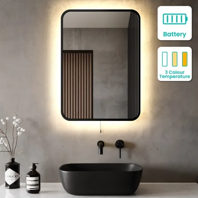 Mila Battery Powered Black Framed Backlit Illuminated LED Mirror 700x500mm