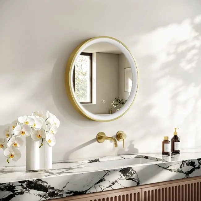 Libby Brushed Brass Round Illuminated LED Mirror 580mm
