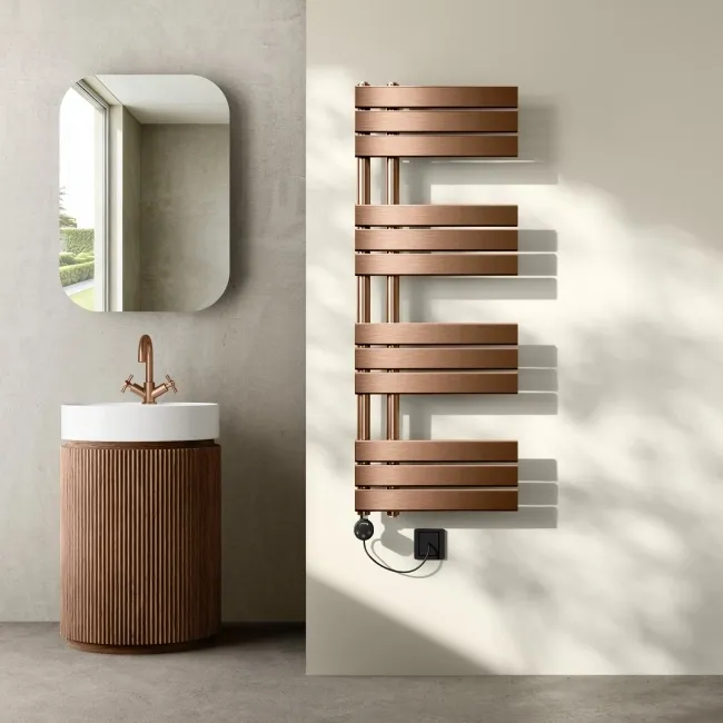 Seville Electric Brushed Copper Designer Flat Panel Heated Towel Rail 1200x450mm