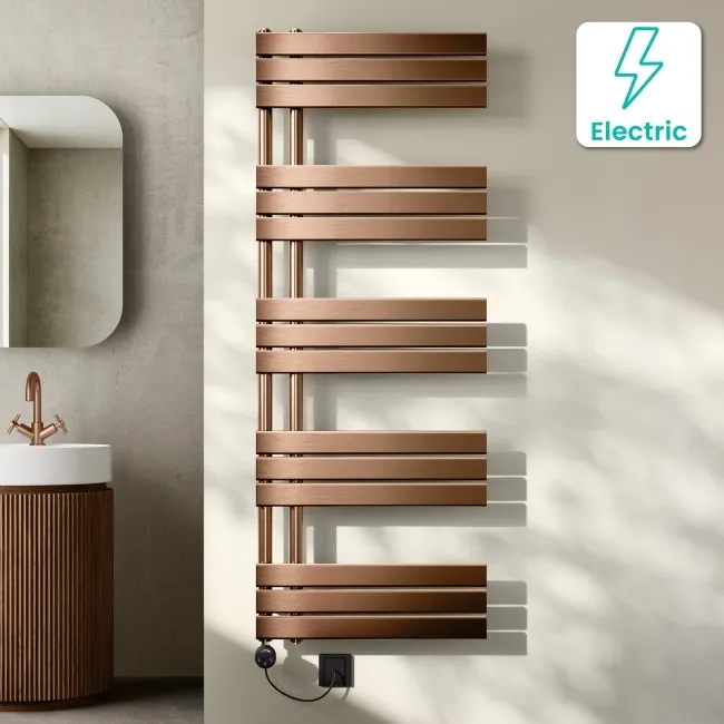 Seville Electric Brushed Copper Designer Flat Panel Heated Towel Rail 1600x600mm