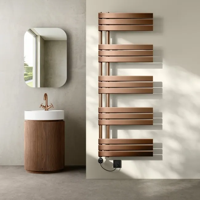 Seville Electric Brushed Copper Designer Flat Panel Heated Towel Rail 1600x600mm