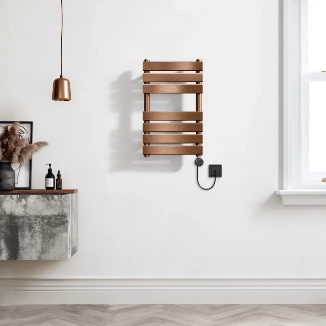 Santorini Electric Brushed Copper Flat Panel Heated Towel Rail 650x400mm