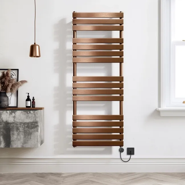 Santorini Electric Brushed Copper Flat Panel Heated Towel Rail 1600x600mm