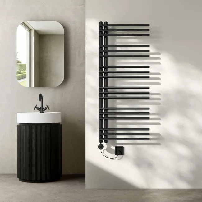 Cannes Electric Matt Black Designer Heated Towel Rail 1200x500mm