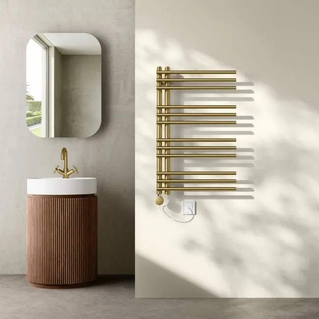 Cannes Electric Brushed Brass Designer Heated Towel Rail 800x450mm