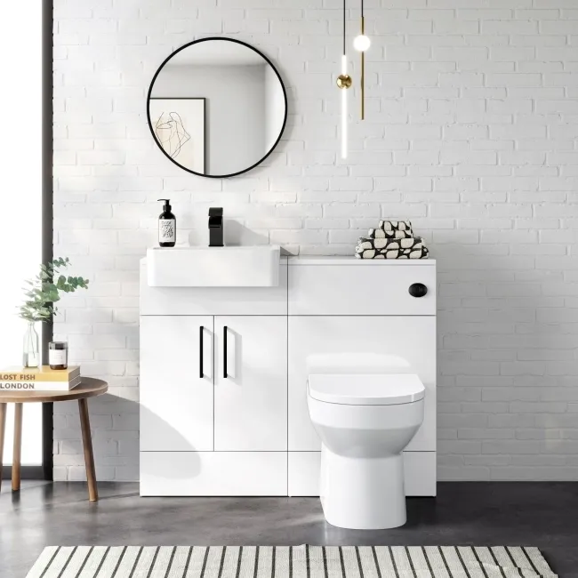100% Waterproof - Harper Gloss White PVC Combination Vanity Basin & Miami Toilet 1000mm - Black Accents