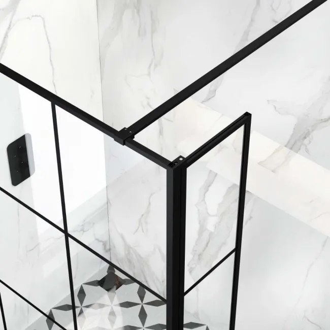 Munich Matt Black Grid 8mm Wet Room Shower Glass 1400mm & 250mm Pivotal Return Panel