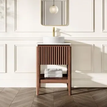 Maru Walnut Wood Grain Vanity Cabinet 600mm with Carrara Marble Top - Basin Not Included