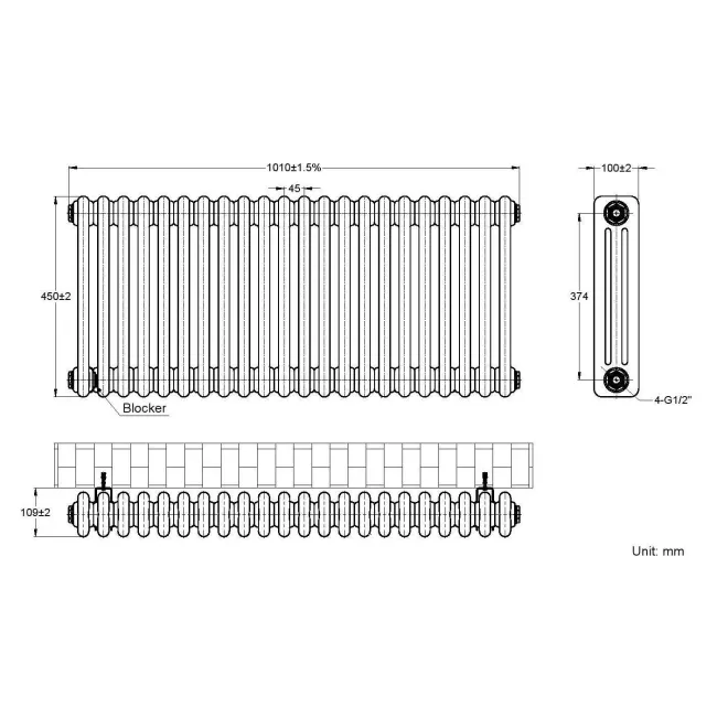 Athens Matt Black Triple Column Horizontal Traditional Radiator 450x1010mm