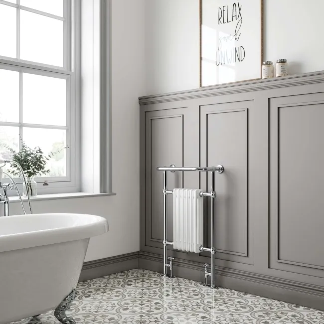 Gibraltar Medium White Traditional Heated Towel Radiator (With Overhanging Rail)