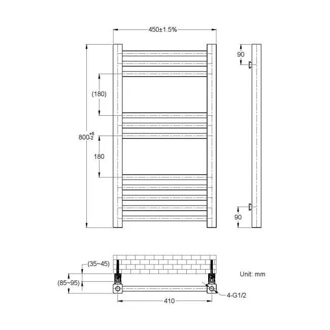 Valetta Matt Black Square Heated Towel Rail 800x450mm