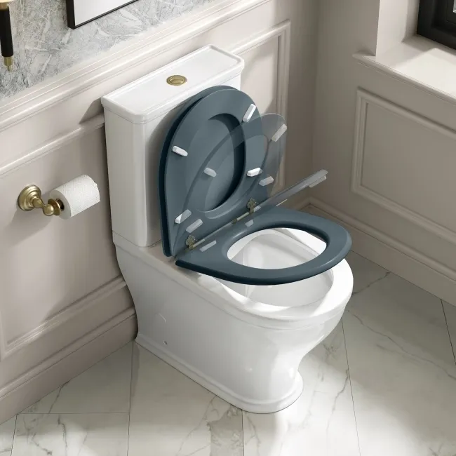 Kansas Traditional Inky Blue Wooden Soft Close Seat with Brushed Brass Hinges
