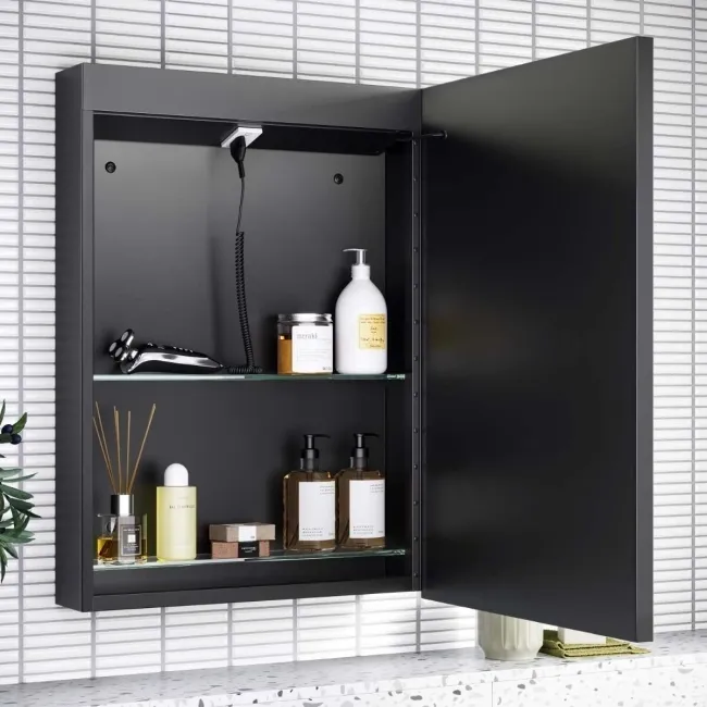 Mia Black Framed Illuminated LED Mirror Cabinet With BLUETOOTH Speaker 710x500mm
