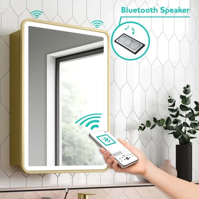 Olivia Matt Brass Illuminated LED Mirror Cabinet With BLUETOOTH Speaker 710x500mm