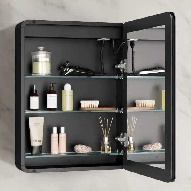 Aurora Matt Black Illuminated LED Mirror Cabinet With BLUETOOTH Speaker 600x450mm