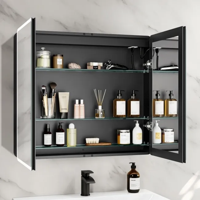 Aurora Matt Black Illuminated LED Mirror Cabinet With BLUETOOTH Speaker 700x800mm