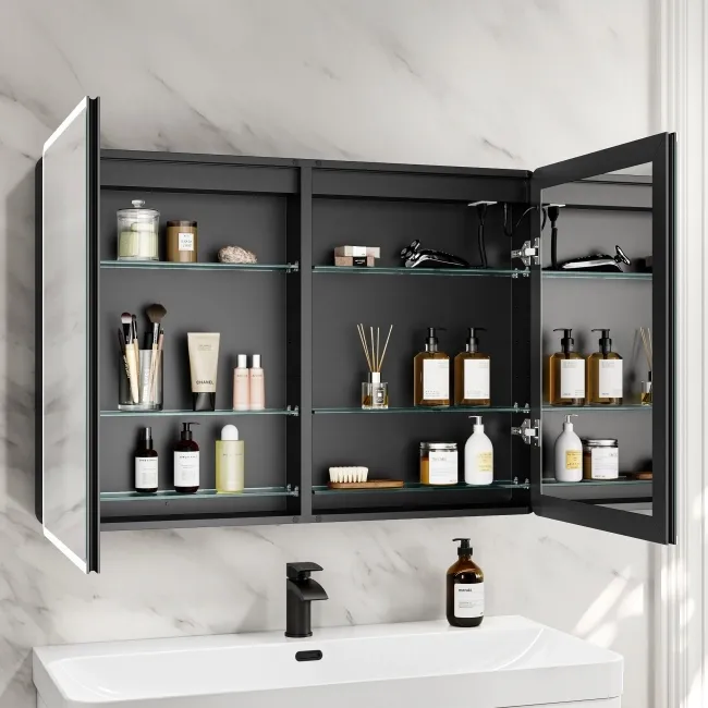 Aurora Matt Black Illuminated LED Mirror Cabinet With BLUETOOTH Speaker 700x1000mm