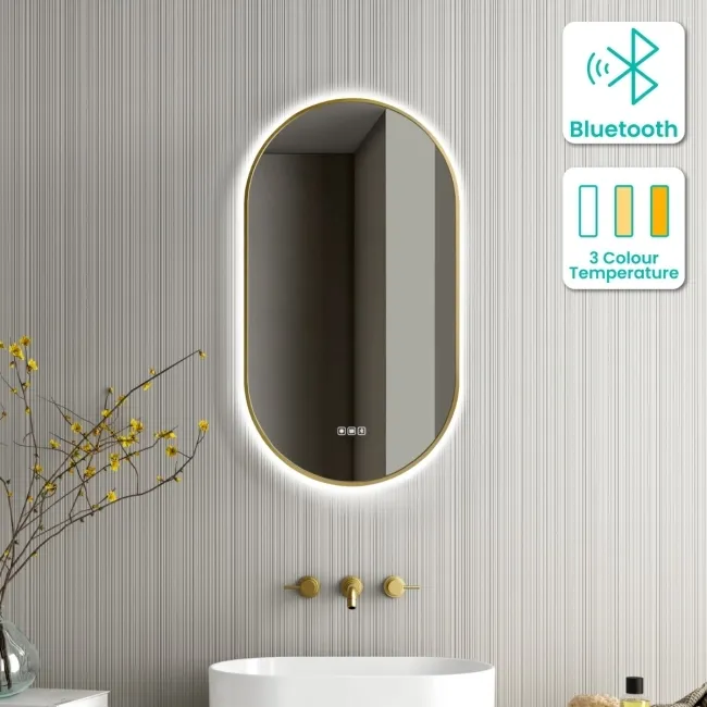 Ada Pill Brushed Brass Backlit Illuminated LED Mirror With BLUETOOTH Speaker 900x500mm