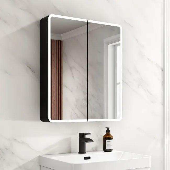 Aurora Battery Powered Matt Black Illuminated LED Mirror Cabinet 700x600mm