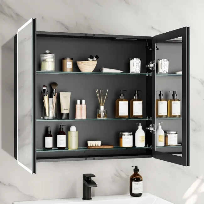 Aurora Battery Powered Matt Black Illuminated LED Mirror Cabinet 700x800mm