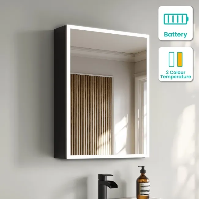 Esme Battery Powered Matt Black Illuminated LED Mirror Cabinet 600x450mm