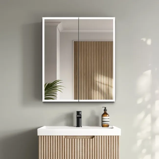 Esme Battery Powered Matt Black Illuminated LED Mirror Cabinet 700x600mm