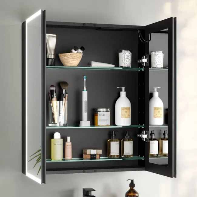 Esme Battery Powered Matt Black Illuminated LED Mirror Cabinet 700x600mm
