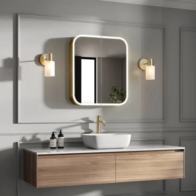 Willow Brushed Brass Illuminated LED Mirror Cabinet With BLUETOOTH Speaker & USB Port 700x600mm