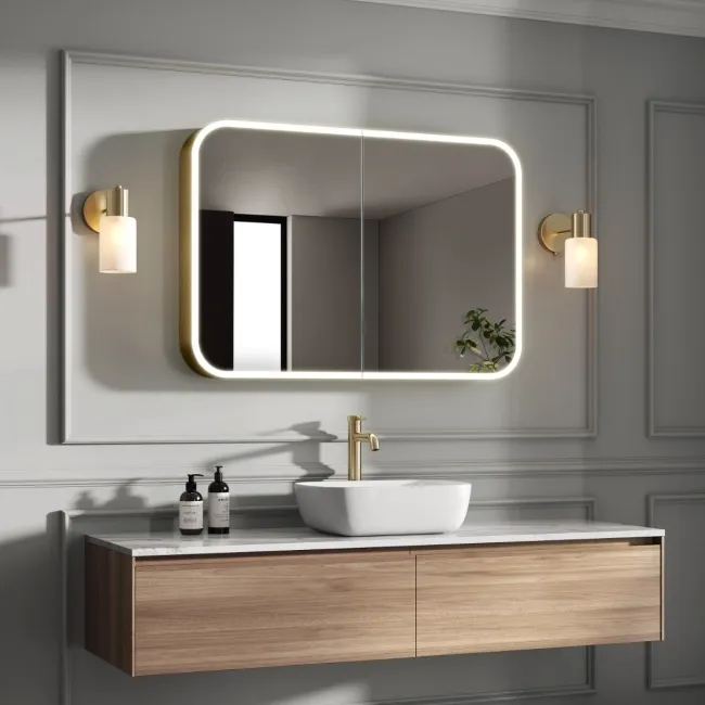 Willow Brushed Brass Illuminated LED Mirror Cabinet With BLUETOOTH Speaker & USB Port 700x1000mm