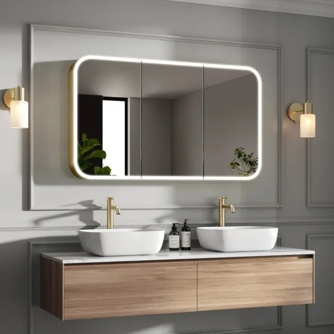 Willow Brushed Brass Illuminated LED Mirror Cabinet With BLUETOOTH Speaker & USB Port 700x1200mm