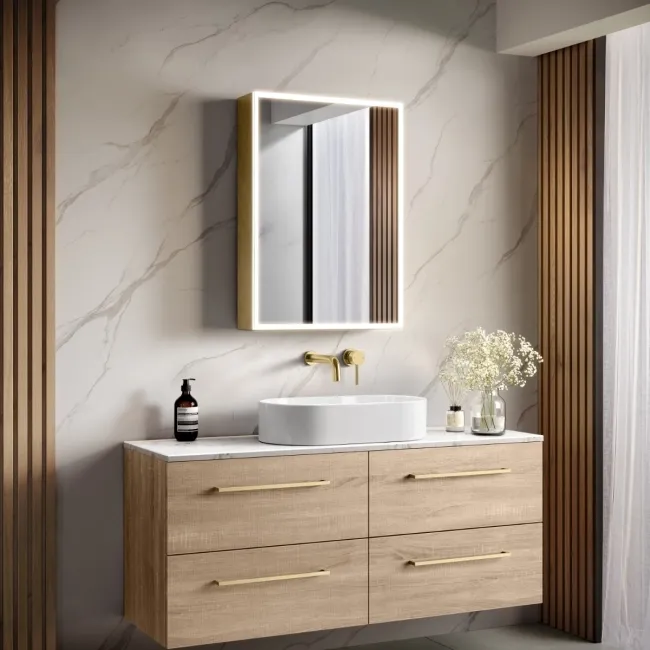 Margot Brushed Brass Illuminated LED Mirror Cabinet With BLUETOOTH Speaker & USB Port 700x500mm