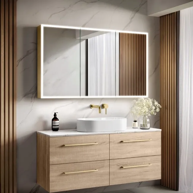 Margot Brushed Brass Illuminated LED Mirror Cabinet With BLUETOOTH Speaker & USB Port 700x1200mm