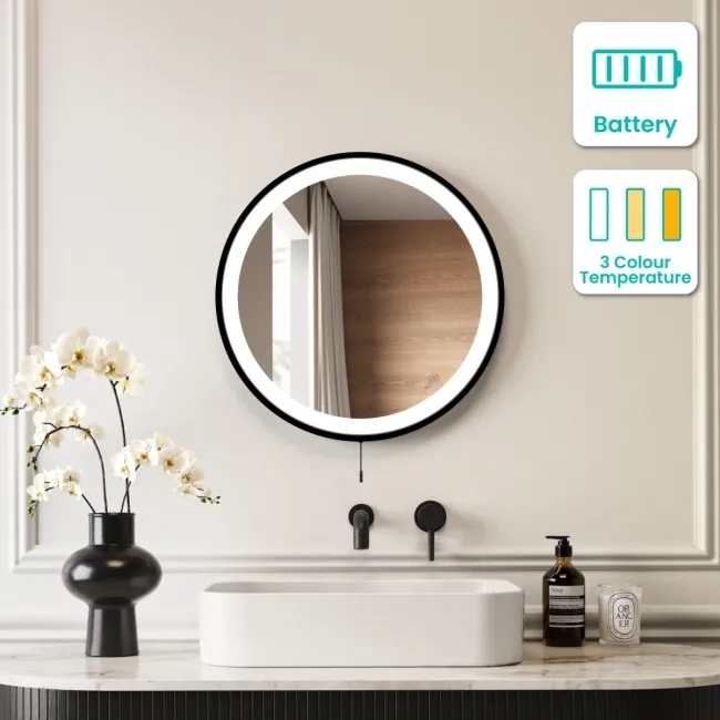 Delilah Battery Powered Black Framed Round Illuminated LED Mirror 500mm