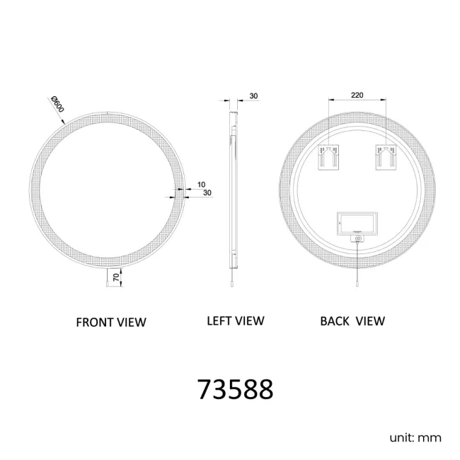 Delilah Battery Powered Black Framed Round Illuminated LED Mirror 600mm
