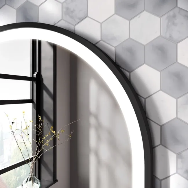 Maya Battery Powered Matt Black Arched LED Mirror 750x500mm
