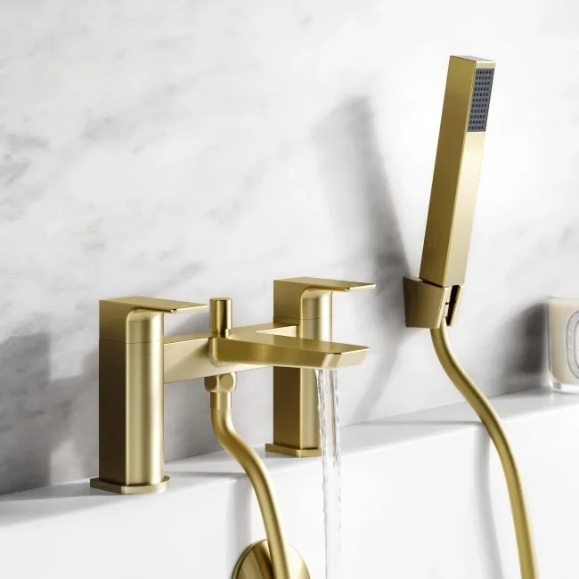Soar Brushed Brass Basin & Shower Bath Mixer Tap Set