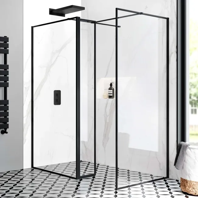 Munich Matt Black Framed 8mm Walk In Shower Enclosure 1100mm & 900mm Glass with Pivotal Return Panel